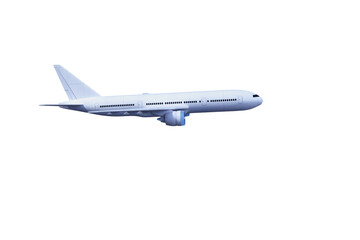 Side view of a white commercial jet airplane on clear background. Travel concept. 3D Rendering