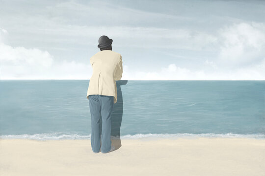 Fototapeta Illustration of man looking beyond the sea, surreal optical illusion perception conceptual