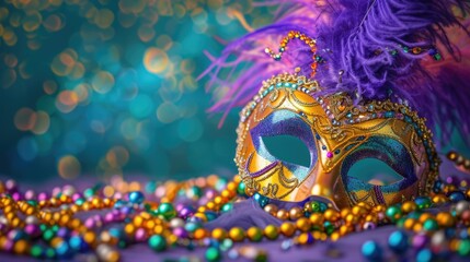 Venetian mask with purple feathers and Mardi Gras beads.