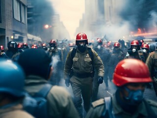 Riot fighters guarding against riots and fires in the city. generative ai
