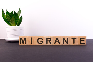 Migrante word written on wooden cubes on a light background