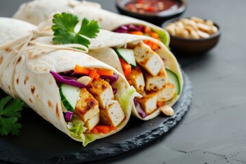 Chicken tofu vegetable wraps on a slate plate. Healthy fast food concept