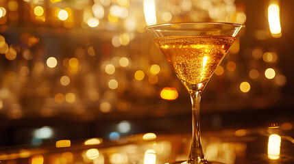 A close-up photograph of an elegant martini cocktail, shimmering with golden hues, in a classic...