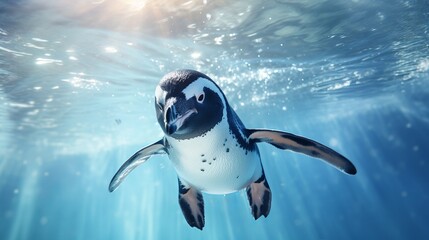 Penguin swimming in water tank. Aquarium and underwater animal.