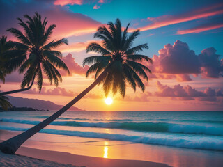 Fototapeta na wymiar south sea palm tree ocean sunset dream