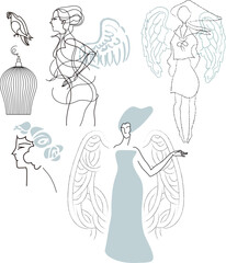 A collection of line illustrations of goddess-like women. Students in uniform. Women with angel wings. Image illustrations such as magazine illustrations. Birds and bird cages. A set of illustrations 