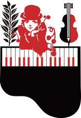 A woman in a hat poses in front of a piano. Vector illustration. Violin and leaf frame. A simple two-color flat illustration. A little nostalgic cutout-style illustration. Can be used as stickers to p