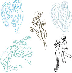 A woman with wings like an angel. A set of vector illustrations of doodle-style sketches drawn using only lines. A line drawing of lovers holding each other's shoulders.
