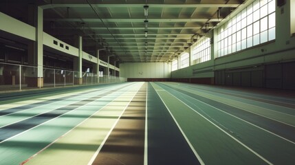 Empty Indoor Track Field with Sunlight Streaming Through Windows