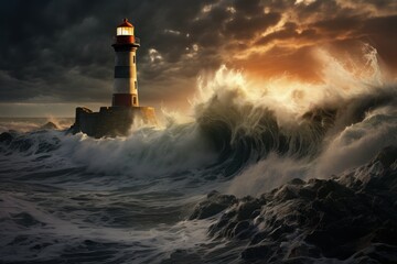 Fototapeta na wymiar Relentless Sea storm lighthouse. Ocean wave. Generate Ai