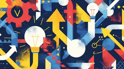 A dynamic array of arrows, gears and a glowing light bulb, symbolizing innovation, strategic thinking, and creative problem solving concepts. - obrazy, fototapety, plakaty