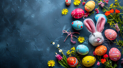 An easter background featuring a top view of colorful Easter eggs