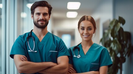 Portrait of confident male and female healthcare workers standing in consulting room