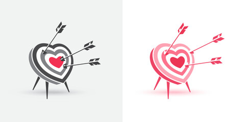 Heart-shaped target hit by arrows. Valentine's Day. Vector illustration.