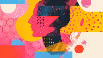Poster Concept of decision making, featuring a stylized silhouette of a human head seamlessly blended with vibrant, colorful shapes and pathways, symbolizing the complex process of thought and choice. © TensorSpark