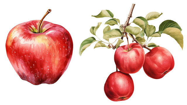 set of two red apple clipart  isolated on a transparent background, watercolor clipart illustration	
