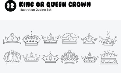 Fototapeta na wymiar King or Queen Crown Outline Illustration Set