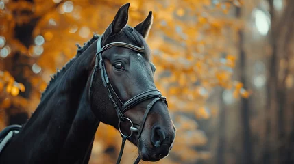 Poster A majestic black horse against a backdrop of autumn leaves, capturing the beauty of equestrian life and the change of seasons, suitable for text overlay. © logonv