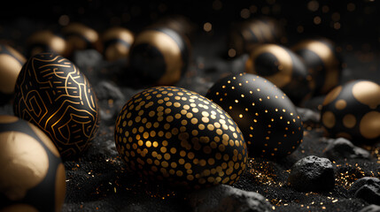 A flat lay of Easter eggs, elegantly painted in gold and black patterns