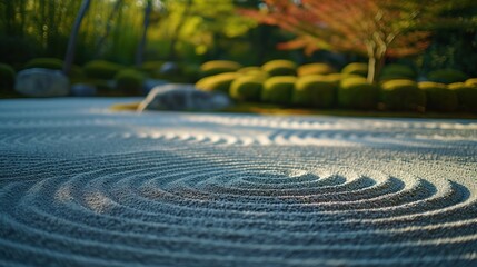 Fototapeta na wymiar A meticulously raked Zen garden, with its swirl patterns around smooth stones, captures the essence of meditation and tranquility, ideal for themes of mindfulness, peace, and Japanese culture