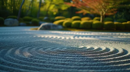 Fototapeten A meticulously raked Zen garden, with its swirl patterns around smooth stones, captures the essence of meditation and tranquility, ideal for themes of mindfulness, peace, and Japanese culture © logonv
