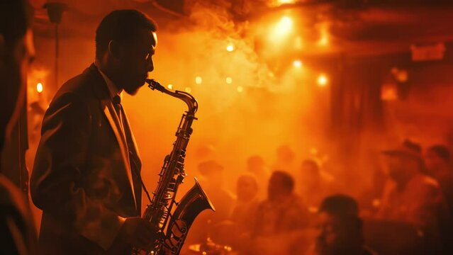 Saxophonist Performing in a Dimly Lit Jazz Club with Audience