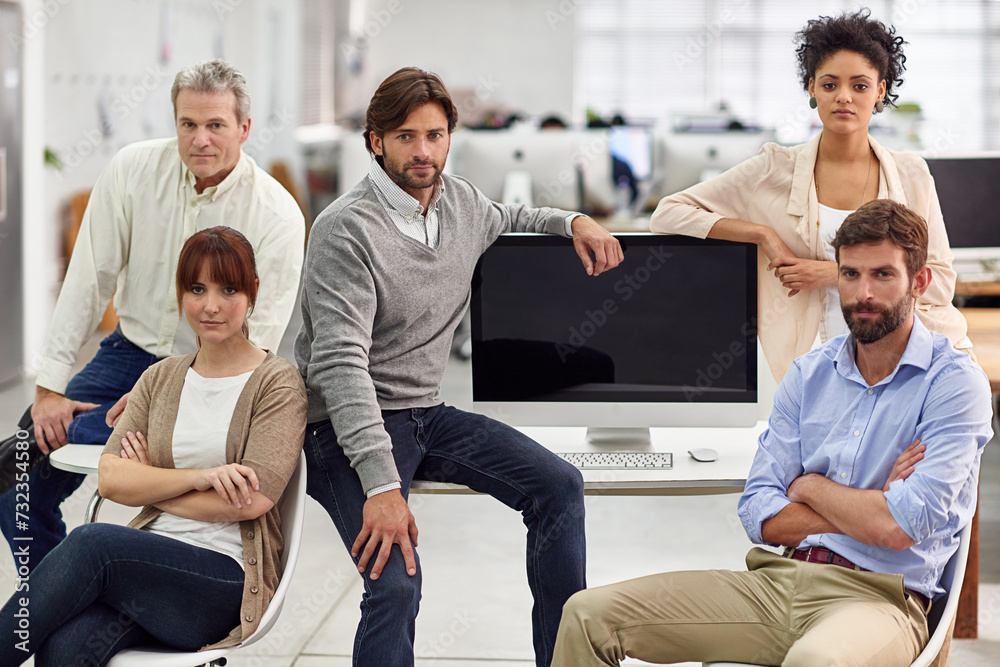 Aufkleber modern office, diversity and business people in portrait by computer, confident and technology on ta