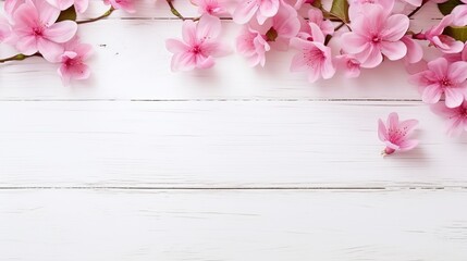 Fototapeta na wymiar Spring flowers. Pink flowers on white wooden background. Flat lay, top view, copy space