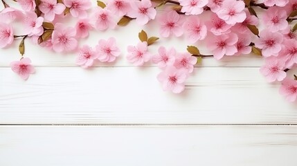 Spring flowers. Pink flowers on white wooden background. Flat lay, top view, copy space