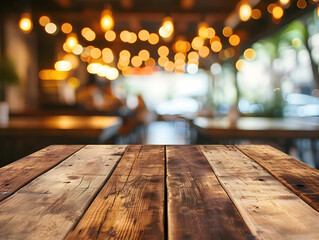 Wooden board empty table in front of blurred background. Perspective brown wood over blur in coffee shop - can be used for display or montage your products. Mock up for display of product.