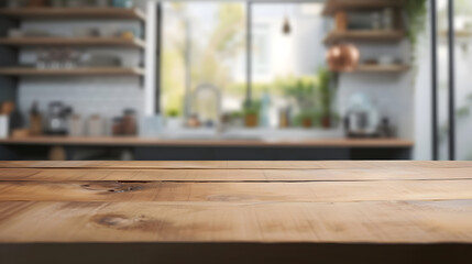 Obraz premium Wooden board empty table in front of blurred background. Perspective brown wood over blur in kitchen and window shelves blurred background - can be used for display or montage your products. Mock up f