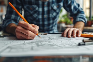 Designer creating blueprints at desk in workplace.