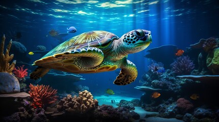 Fototapeta premium Underwater world. Images for 3D floors.Ramp. Shark. Turtle
