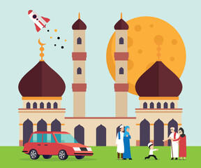 Happy muslim people congratulate each other celebrating Eid al-Fitr flat 2d vector illustration