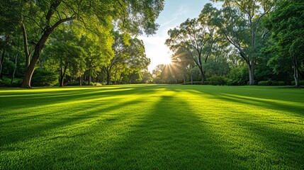Lush natural backdrop of verdant grass and lovely foliage in the gentle sunlight of Horsham Botanic Gardens, VIC Australia, with room for text. - obrazy, fototapety, plakaty