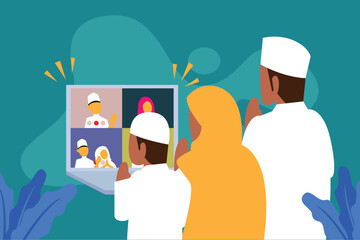 Muslim family making a video call with family and friends celebrating Eid al-Fitr flat 2d vector illustration