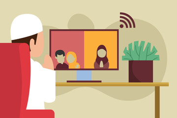 Muslim man making video call to friends and family celebrating ied mubarak flat 2d vector illustration