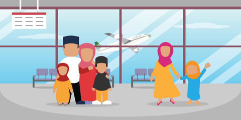 Muslim family with children in an airport hall flat 2d vector illustration