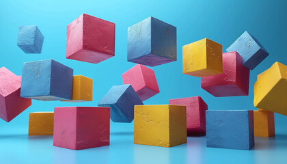 Suspended colorful cubes in a dynamic arrangement against a serene blue backdrop. Floating Geometric Shapes