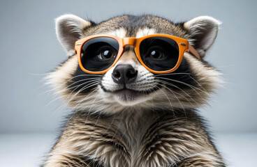Funny adorable cute raccoon wearing sunglasses studio portrait on isolated background. 	
