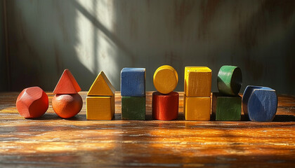 Rustic wooden geometric shapes casting shadows on a warm, textured surface.