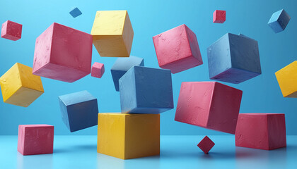 Obraz premium Suspended colorful cubes in a dynamic arrangement against a serene blue backdrop. Floating Geometric Shapes