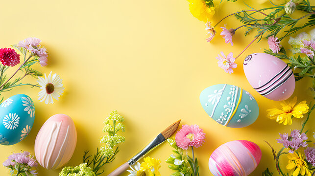 Colorful Easter eggs painted in pastel shades, spring flowers, and a paintbrush isolated on a yellow background