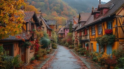 Vibrant historic timber-framed homes in one of France's most picturesque villages. - obrazy, fototapety, plakaty