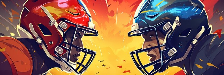 two players from the red and blue team of American football,baseball look at each other before the game on a bright orange background,confrontation concept