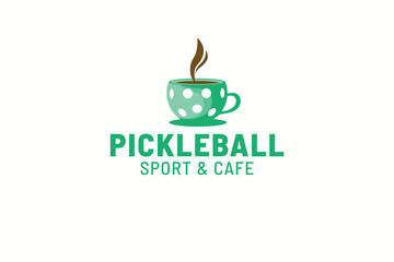 pickleball and cafe logo with a ball shaped into a cup with a tasty drink