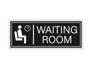 Waiting room sign. Notice with silhouette of a person sitting under a clock on the wall. Text on right. Black background, horizontal strip shape.