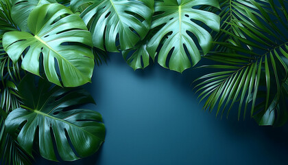 Lush tropical leaves arranged on a deep blue background, creating a sense of a dense jungle canopy.