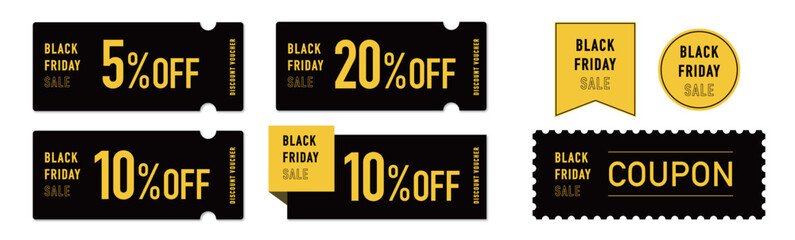 ブラックフライデーセールに使える黒と黄色のクーポンベクターデザイン素材セットB