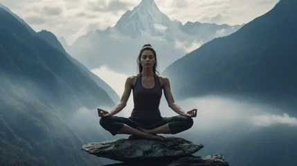 Fotobehang banner woman sits in lotus yoga position in nature around the mountain, fog. healthy lifestyle concept, advertising for travel to the mountains. mock-up, space for text, defocus © Anastasiya